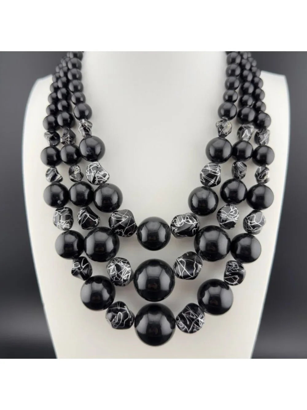 Vintage Beaded Statement Necklace Black Silver Acrylic Multi Strand